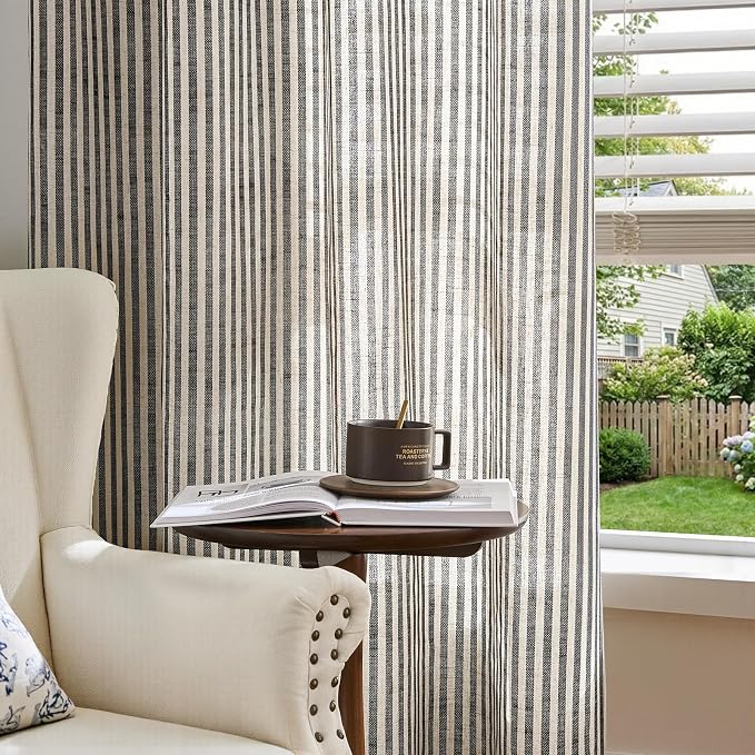 jinchan Linen Curtains 84 Inch Black Stripe on Beige Back Tab 2 Panels | Curtains For Living Room Bedroom,Ticking Stripe, Farmhouse Cottage Core Rustic,Rod Pocket Window Treatment,Light Filtering
