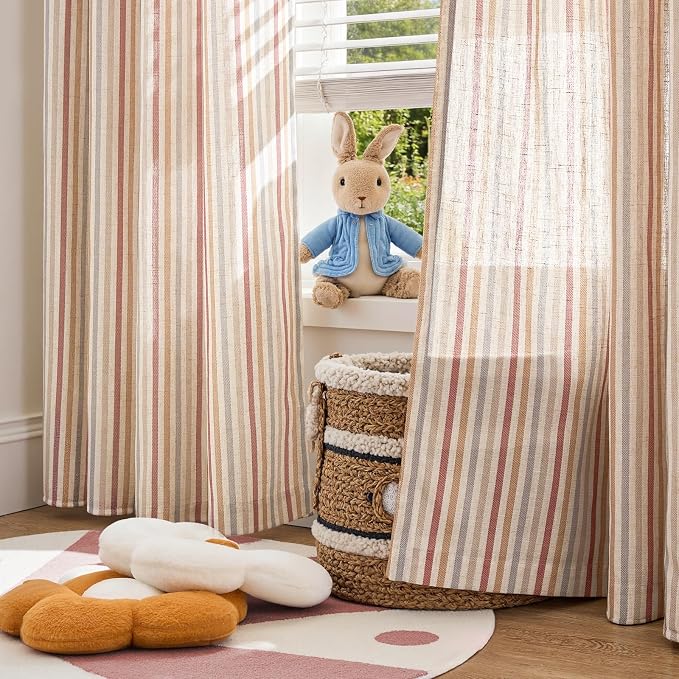 jinchan Linen Curtains 96 inch Red Stripe for Kids Room Grommet 2 Panels | Kids Curtains for Nursery Living Room Bedroom Baby Boys Room,Cute Colorful Ticking Stripe,Cottagecore Rustic,Light Filtering