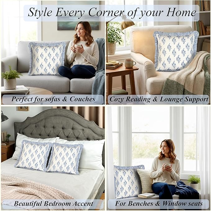 Ridhi Coastal Blue Block Print Ruffle Throw Pillow Cover 20" x 20" (Pack of 2) Decorative Cushion Covers with Ruffle for Couch, Sofa, Bed, Living Room, Home Decor Gift for Spring, Mother's Day