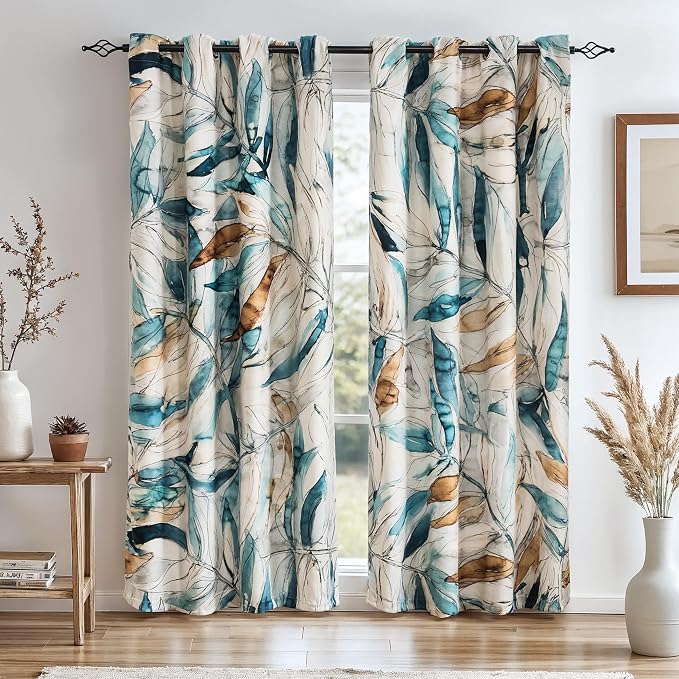 SUBRTEX Blackout Curtains 52Wx108L, Room Darkening Floral Curtains, Thermal Insulated 2 Panels Window Drapes, Boho Farmhouse Curtains for Living Room Bedroom Window Treatments, Blue