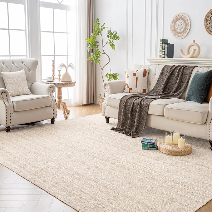 Shatex Burlap Rug 5x8ft, Handmade Braided 100% Natural Jute Rug for Bedroom & Living Room, Off-White