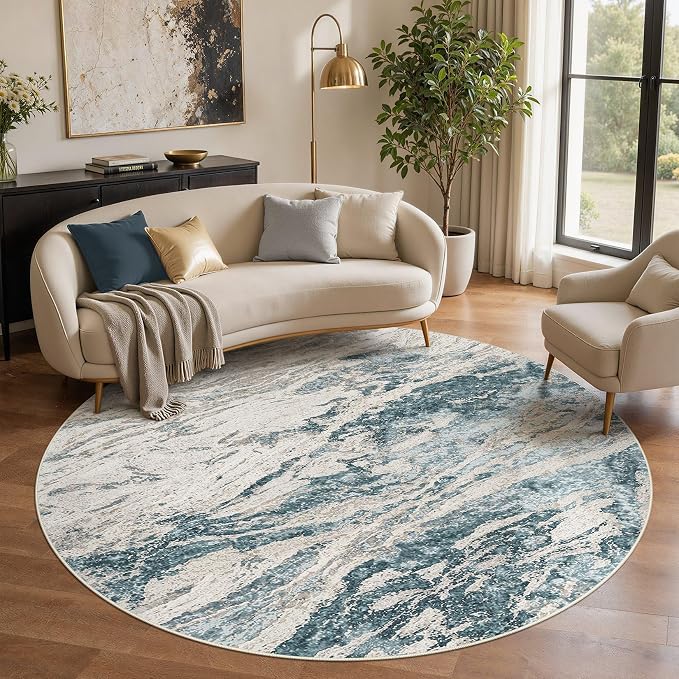 Area Rugs for Living Room: 6ft Round Abstract Washable Rug Modern Neutral Large Soft Stain Resistant Non-Slip for Bedroom Dining Room Indoor Home Office Carpet - Blue Brown