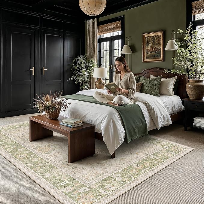 6x9 Sage Green Washable Area Rug Non Slip Vintage Carpet | Soft Low Pile, Lightweight Foldable, Pet Friendly, Living Room, Bedroom, Dining Room, Classroom, Playroom