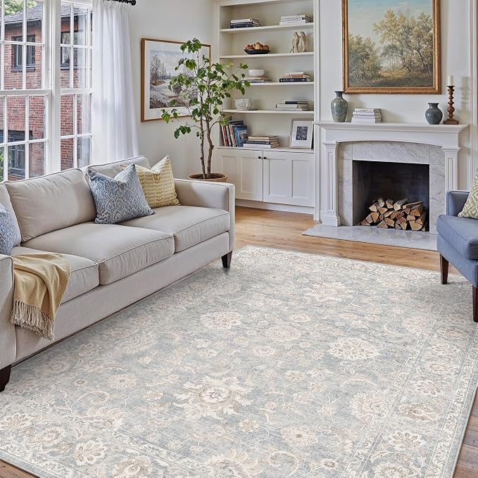 10x14 Blue Cream Area Rug for Living Room Bedroom Neutral Floral Soft Non Slip Rug Low Pile Distressed Large Carpet for Dining Room Nursery Office Indoor