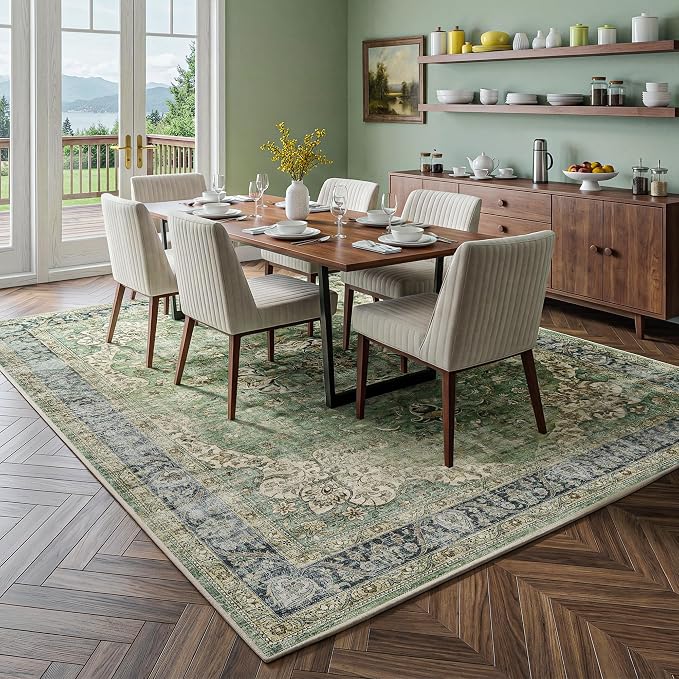 FMFUNCTEX 8x10 Green Washable Area Rug Vintage Distressed Oriental Non Slip Low Pile Neutral Indoor Carpet for Living Room Bedroom Soft Retro Floral Thin Large Rug for Dining Nursery Office Dorm