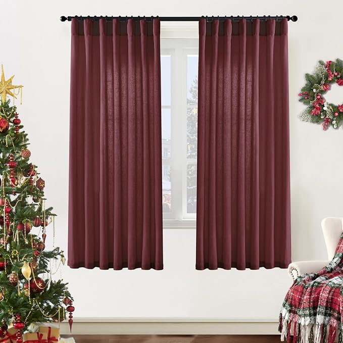 XTMYI Dark Red Burgundy Curtains 63 Inch Length for Dining Room Kitchen Window,2 Panels Light Filtering Semi Privacy Linen Sheer Curtain for Bedroom