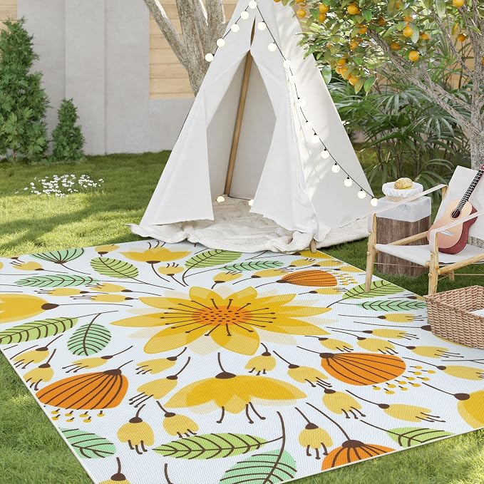 Lahome Floral Indoor Outdoor Rug, 5x8ft Non-Slip Outdoor Patio Rug for Camping Picnic, Portable Outdoor Carpet for Balcony Deck Backyard, Large RV Outdoor Rugs for Living Room Bedroom,Yellow