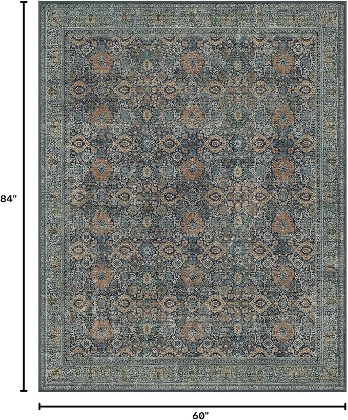 BESBLEE 5X7 Area Rugs Machine Washable Rugs for Living Room, Vintage Boho Large Rugs for Bedroom Dining Room, Non Slip Indoor Soft Distressed Lightweight Thin Low Pile Carpet, Beige Blue Grey