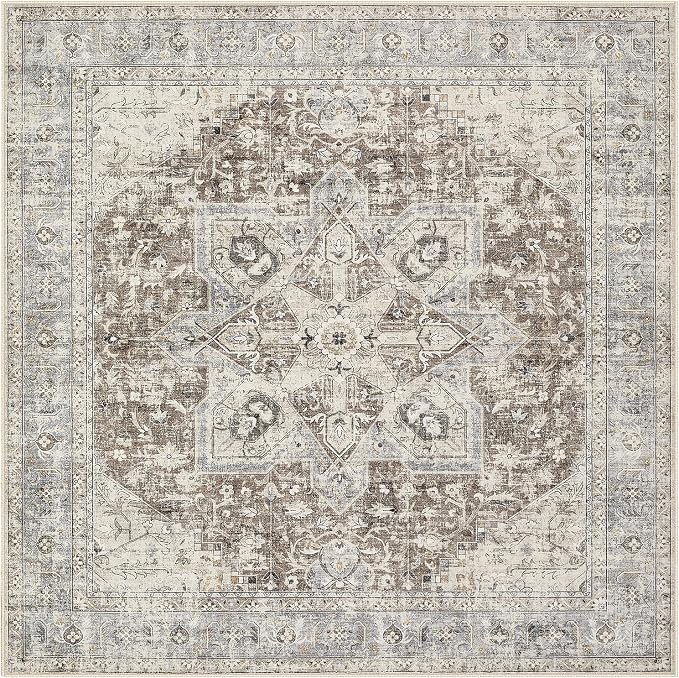 Tortania 8' Square Area Rug Living Room Rugs - Washable Boho Rug Vintage Oriental Distressed Farmhouse Large Thin Indoor Carpet for Bedroom Under Dining Table Home Office - Brown Blue