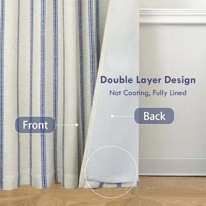 DriftAway Farmhouse Stripe Blackout Curtains, W52xL96, Navy | Blackout, Linen Texture, Stripe Pattern, Rod Pocket & Back Tab, Two Layers, Bedroom Living Room Use, Sound Reducing Design