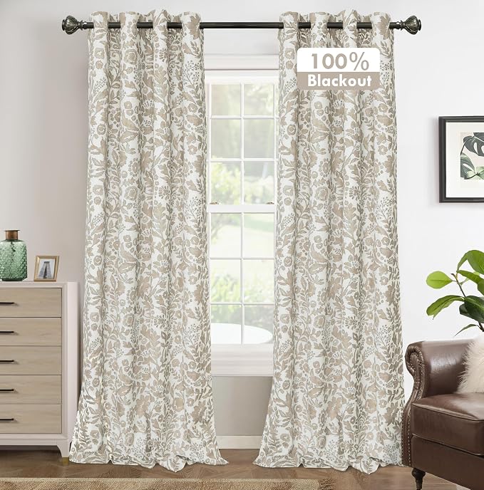DriftAway Julia 100% Blackout Curtains Grommet 2 Panels, W52xL90, Beige | Floral Curtains, Bedroom, Living Room, Linen Blend, Watercolor Pattern, 2 Layers, Thermal Insulated, Window Treatment