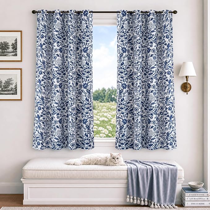 DriftAway Julia Blackout Curtains Grommet 2 Panels, W52xL54, Navy | Floral Curtains, Bedroom, Living Room, Room Darking, Watercolor Pattern, 2 Layers, Thermal Insulated, Window Treatment