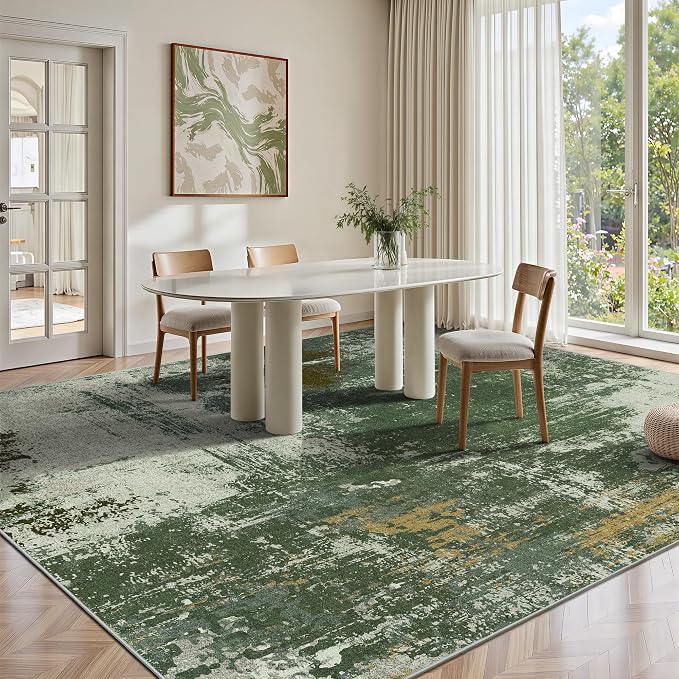 9x12 Rugs for Living Room - Modern Abstract Washable Rug, Ultra Soft Non Slip Low Pile Large Rugs, Floor Carpet for Bedroom Dining Room Office Laundry Nursery Home(Green)