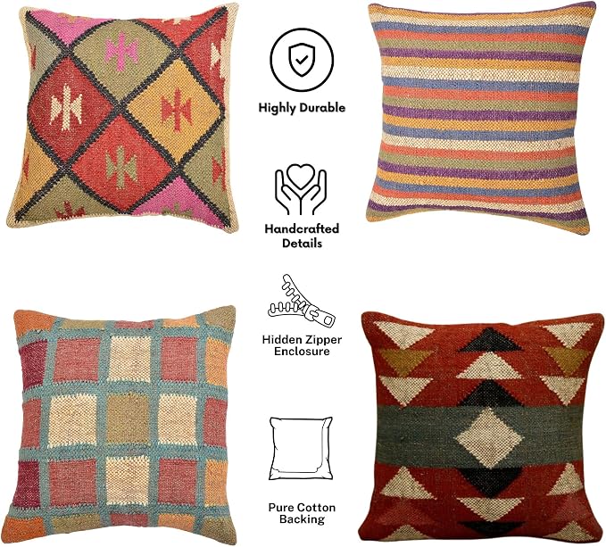 Trade Star 70% Jute 30% Wool Pillow Shams Ethnic Rug Pillow Covers Set of 4 Kilim Cushion Covers Handloomed Decorative Throw Pillow Cover Handwoven Pillowcase (Kilim 3)