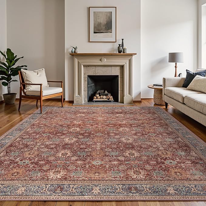 BESBLEE 10X14 Area Rugs Machine Washable Rugs for Living Room, Vintage Boho Large Rugs for Bedroom Dining Room, Non Slip Indoor Soft Distressed Lightweight Thin Low Pile Carpet, Red Brown
