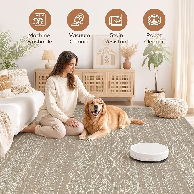 Nakagishi Area Rug Living Room Rugs: 5x7 Large Soft Machine Washable Boho Moroccan FarmNeutral Stain Resistant Indoor Floor Carpet for Bedroom Under Dining Table Home Office Decor-Dark Brown