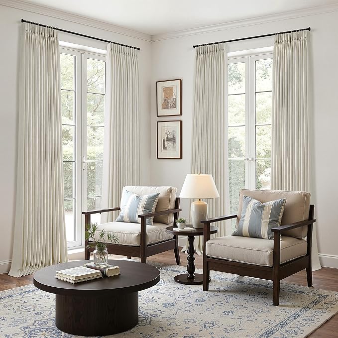Beige Pleated Linen Curtains 120 Inch Length 2 Panels Set Semi Sheer Light Filtering Light Tan Window Drapes for Living Room Modern Viral Pinch Pleated Curtains 120 Inches with Hooks Rings Clips