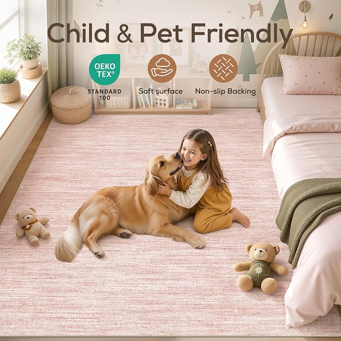 Nakagishi 7X9 Area Rugs Living Room: Washable Large Vintage Rug Neutral Non-Slip Soft Stain Resistant Indoor Carpet for Bedroom Nursery Dining Room Office Playroom - Pink