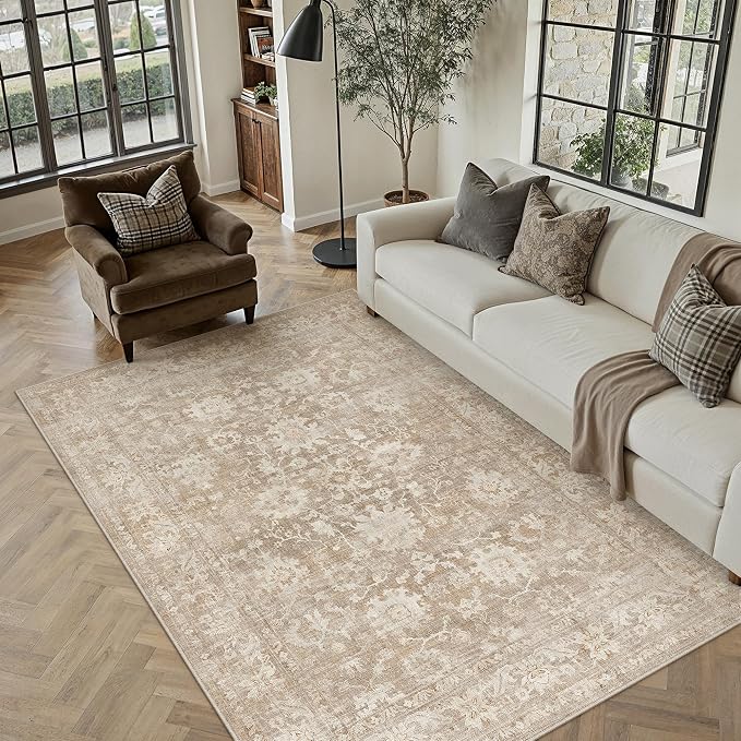 HUGEAR 6x9 Area Rug Beige Machine Washable Rug Room Decor Vintage Distressed Living Room Carpet Non Slip Low Pile Throw Rugs for Bedroom Dining Room Office Soft Lightweight