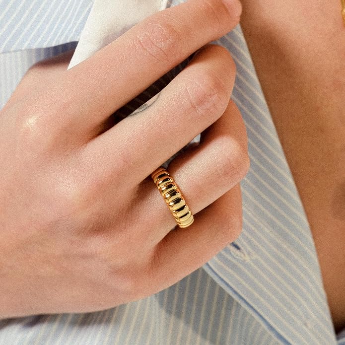 14K Gold Plated Wide Puffy Ribbed Band Ring | Womens Puffy Cloud Gold Stacking Band Thick Bold Statement Stacking Band | Minimalist Everyday Jewelry Gift for Her