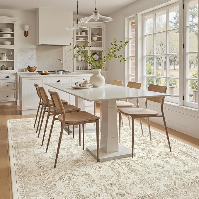 Soalmost 7x9 Area Rug for Living Room Washable Abstract Vintage Soft Thin Indoor Floor Non-Slip Carpet for Bedroom Dining Room Beige/Brown