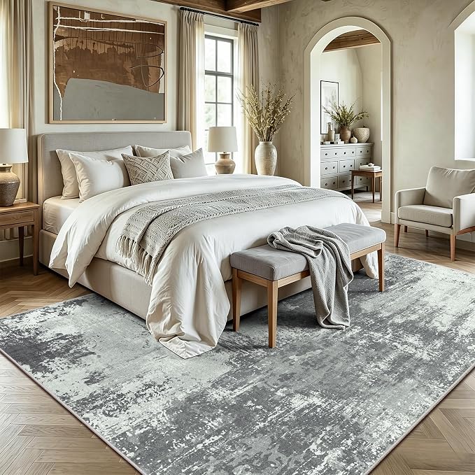 5x7 Rugs for Living Room - Modern Abstract Washable Rug, Ultra Soft Non Slip Low Pile Large Rugs, Floor Carpet for Bedroom Dining Room Office Laundry Nursery Home(Gray&Green)