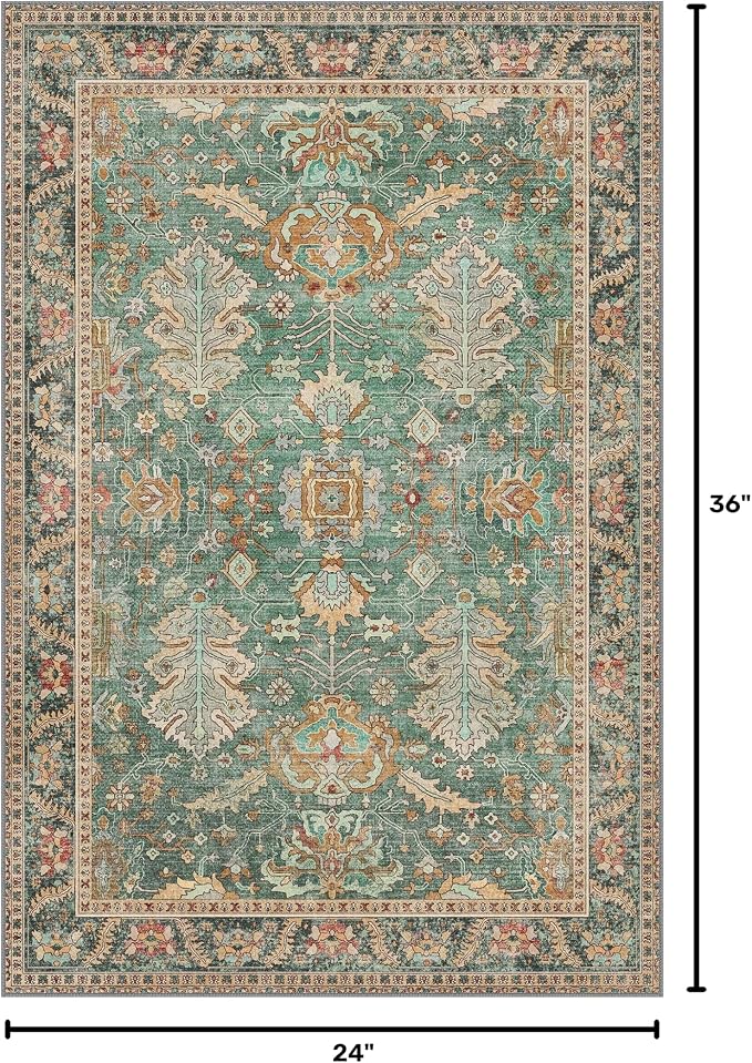 Bavni Entryway Rug, 2x3 Washable Rug Ultra-Thin Low Pile, Non-Slip Small Rugs Indoor for Front Door Entrance Bathroom, Vintage Print Carpet Soft Stain Resistance, Sage/Gold