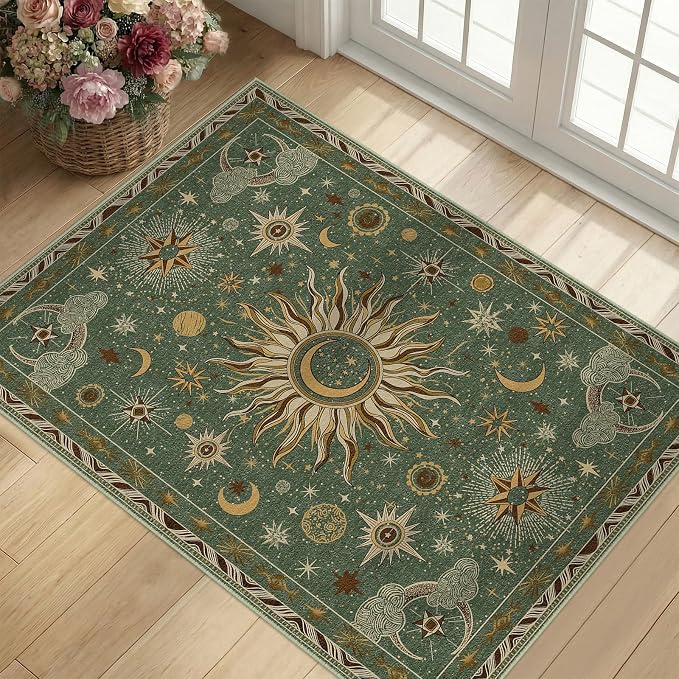 Vacuum-Friendly, 2x3 Washable Area Rug, Green Brown | Sun and Moon Boho Gothic Non-Slip Low Pile Living Roon Bedroom Dining Room Kitchen Entry Entryway Entrance Hallway Doormat