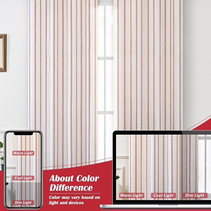 DriftAway Farmhouse Linen Stripe Blackout Curtains, W52xL108, Red | Blackout, Linen Texture, Stripe Pattern, Rod Pocket & Back Tab, Two Layers, Bedroom Living Room Use, Sound Reducing Design