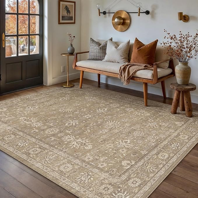 PureCozy 5x7 Area Rug Brown Washable Vintage Carpet Living Room Bedroom Non Slip Stain Soft Resistant Low Pile Thin Boho Accent Indoor Throw Rug for Dining Room Office
