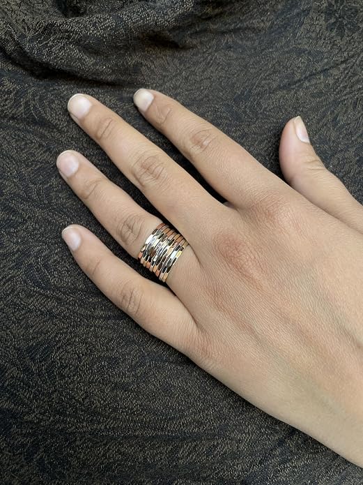 PHNX Two-Tone Stacking Ring for Women | Real Sterling Silver Ring| Hammered Finish Design | Elegant Boho Chic Jewelry | Perfect for Daily Wear, Special Occasions