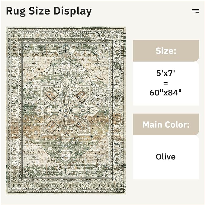 Soalmost 5x7 Area Rugs Low Pile Indoor Washable Trendy Faded Style Rugs for Bedroom Living Room Dining Room Foldable Non-Slip Thin Print Mat Green Olive Beige