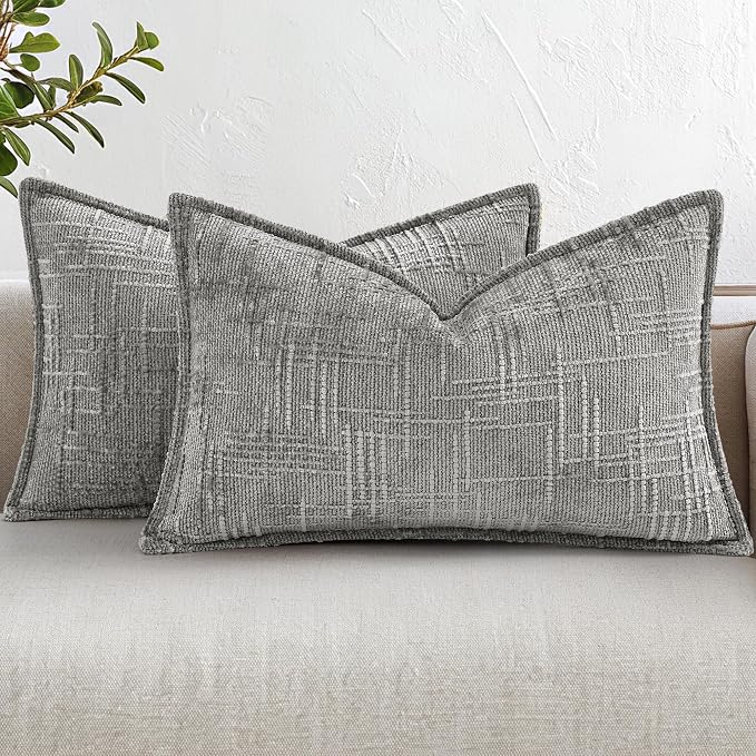 decorUhome Chenille Decorative Throw Pillow Covers 12x20 Set of 2,Grey | Soft Texture, Slubby Modern Design, Flange Edges, Cozy Lumbar Accent Pillow Covers for Couch, Sofa, Bed, Living Room