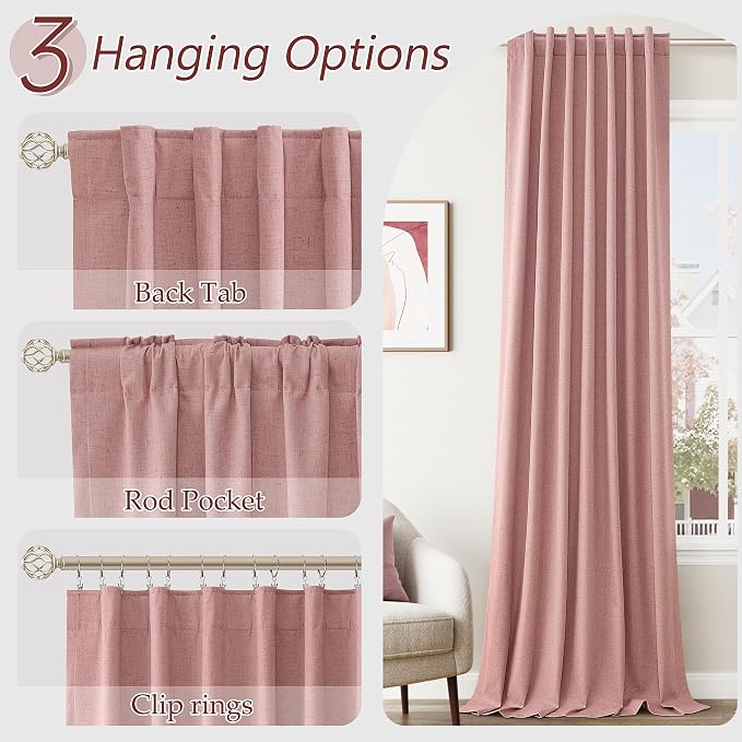 Guken 100% Blackout Curtains 96 Inch Length 2 Panels Set for Living Room Bedroom Back Tab Thermal Insulated Black Out Linen Drapes Room Darkening Window Curtains 96 Inches Long, Ash Rose