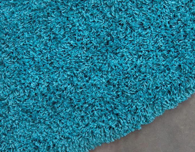 Unique Loom Solid Shag Collection Area Rug (6' 1" Round, Deep Aqua Blue) | Modern solid area rug for dining room, entryway & bedroom. Stain-resistant, easy-care, kid & pet friendly