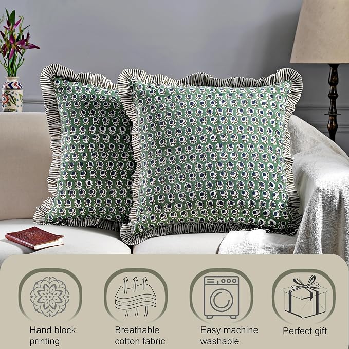 Ridhi Block Print Basil Green Throw Pillow Cover 20" x 20" (Pack of 2) Decorative Cushion Covers with Ruffle for Couch, Sofa, Bed, Living Room, Home Decor Gift for Spring, Easter, Valentine