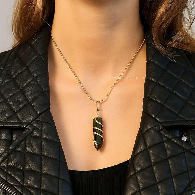 Bloodstone Crystal Necklace Pendant For Women, Gold Wire Wrapped Dainty Minimalist Healing Crystal Necklaces For Men Unisex Necklace Jewelry With 20" Inches Adjustable Chain & Leather Cord