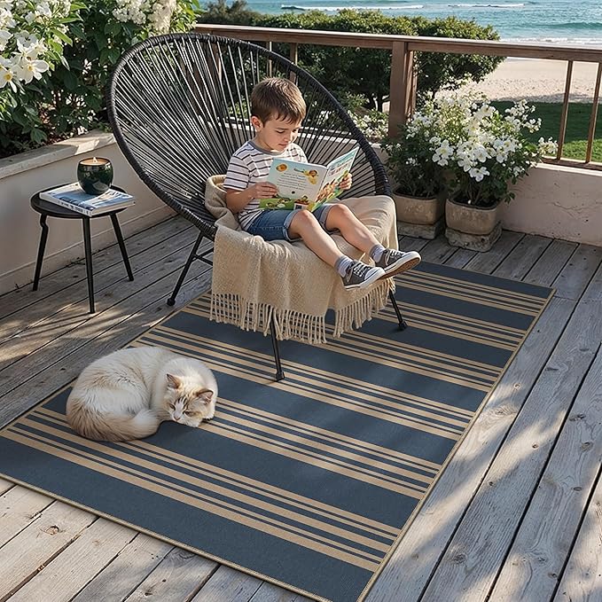 PureCozy Outdoor Rug 4x6 Washable Striped Jute Look Non Slip Carpet | Blue Stripe Farmhouse Style, Indoor Outdoor Area Rugs for Patio, Living Room, Dining Room, Non Shedding, Neutral Rug