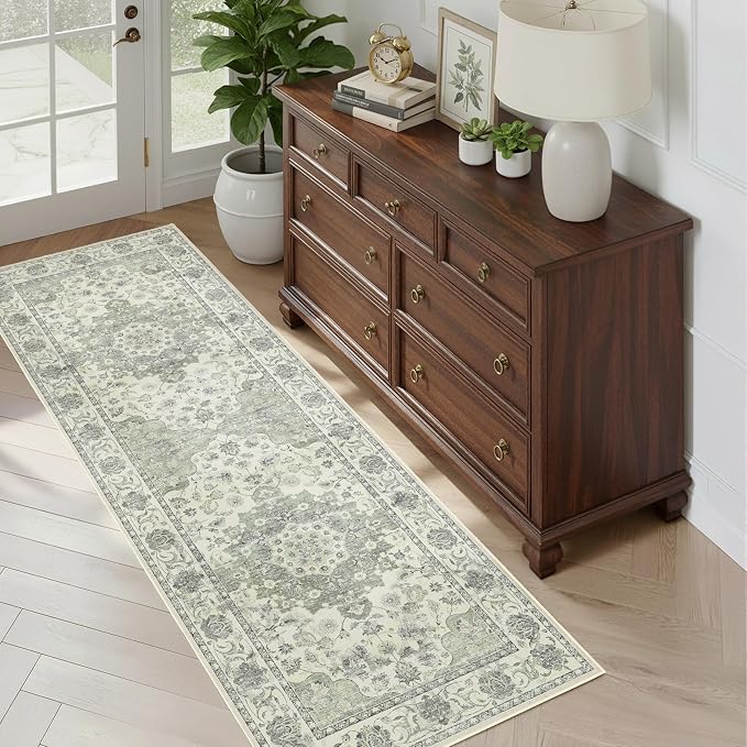Sage Green Washable Hallway Runner Rug - 2x6 Kitchen Rug Distressed Low Pile Mats Non Slip Soft Rugs for Dining Room with Rubber Backing Bedroom Runner with Vintage Design (Green 2x6)