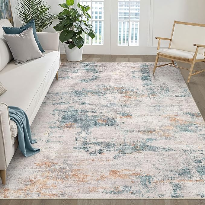 6x8 Area Rug Living Room: Washable Large Neutral Aqua Brown Rugs Abstract Soft Modern Stain Resistant Indoor Floor Non-Slip Carpet for Bedroom Nursery Kids Office Playroom Dining Room Under Table