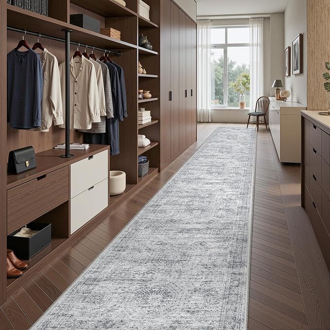 2'6 x 14' Runner Rug Non Slip,Washable Kitchen Rugs,Grey | 14 ft Runner Rug for Hallway,Entryway,Bedroom,Living Room,Thin,Soft, Extra Long Rug,Stain Resistant Indoor Carpet