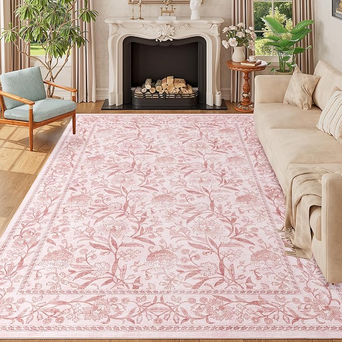 DUKINO 6x9 Area Rug Vintage Floral Washable Rugs for Living Room Light Pink | Non Slip, Low Pile, Non-Shedding, Stain Resistant Soft Large Carpet for Bedroom Home Office Dining Room Farmhouse, Home Decor