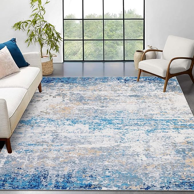 ROYHOME 8x10 Modern Abstract Faux Wool Rug, Blue/Grey | Ultra Soft Rug Non Slip Non Shedding Accent Large Rug for Living Room Bedroom Dining Room Office Home