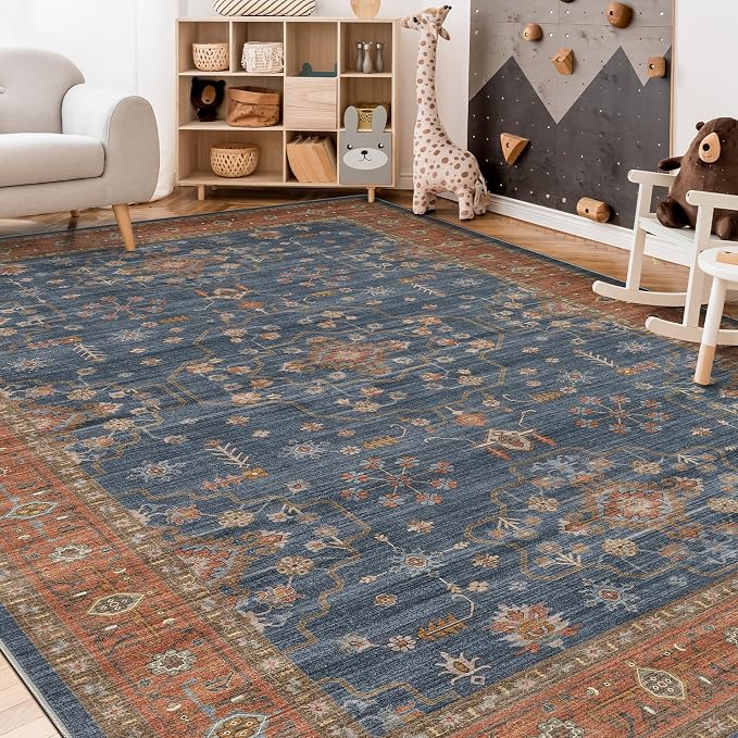 10x12 Area Rug for Living Room- Machine Washable Soft Oriental Vintage Large Indoor Floor Carpet for Bedroom Under Dining Table Home Office Decor - Blue Terracotta