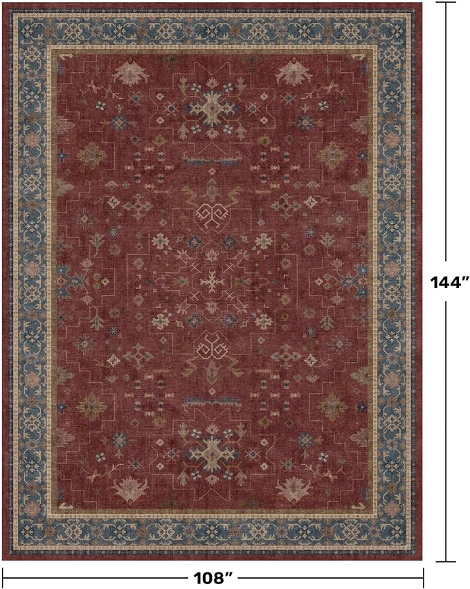 Hazo Haus Oriental 9x12 Soft Rugs for Living Room - Dark Red Rugs for Bedroom Aesthetic, Dining Room Under Kitchen Table, Washable Soft Non Slip Large Area Vintage Décor