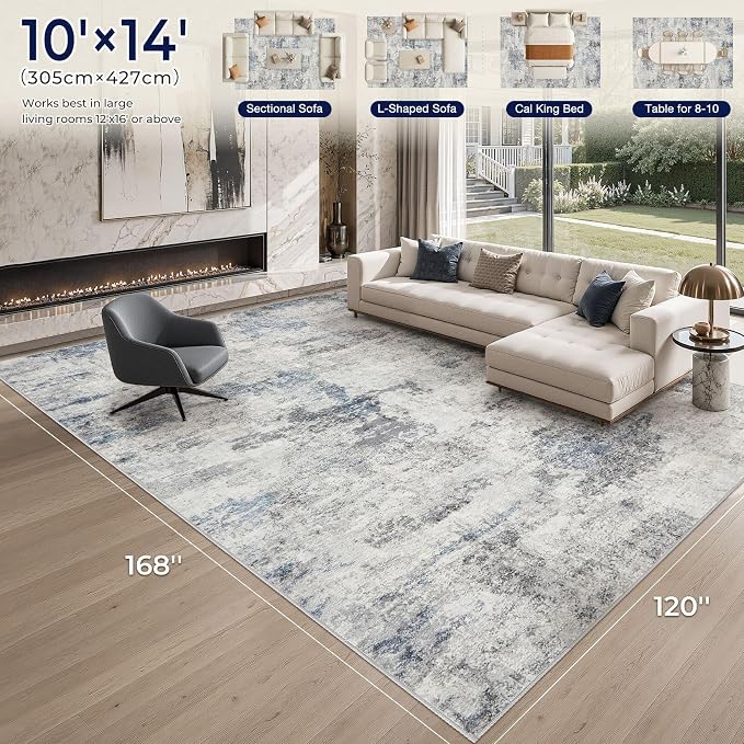 DMOYEST 10x14 Area Rug for Living Room, Washable & Non Slip Large Indoor Carpet, Kid & Pet Friendly Soft Thin Low Pile Abstract Rug for Bedroom and Office - Grey Blue