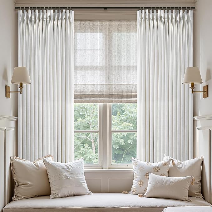 Semi Sheer Linen Curtains 72 Inches Long Neutral Country Cream Birch Flax Pleat Drapes Linen Light Filtering Pinch Pleat Curtains for Door Cabin Closet 72 Inch 2 Panels Set Boho Farmhouse Decor