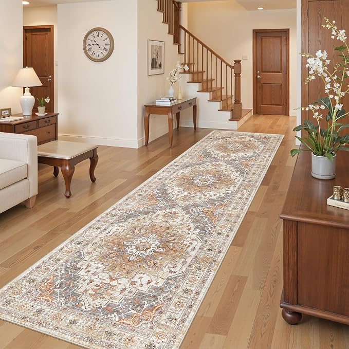 2'6" x 10'Non Slip Runner Rugs - Runners for hallways, Kitchen,Entryway,Stain Resistant Washable Rugs for Bedroom, Indoor Vintage Area Rugs (Turmeric/Grey,2'6" x 10')