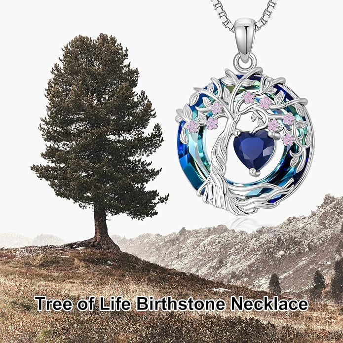 Tree of Life Birthstone Necklace 925 Sterling Silver Crystal Tree of Life Pendant Birthstone Jewelry Birthday Christmas Gifts for Women Mom Her Wife