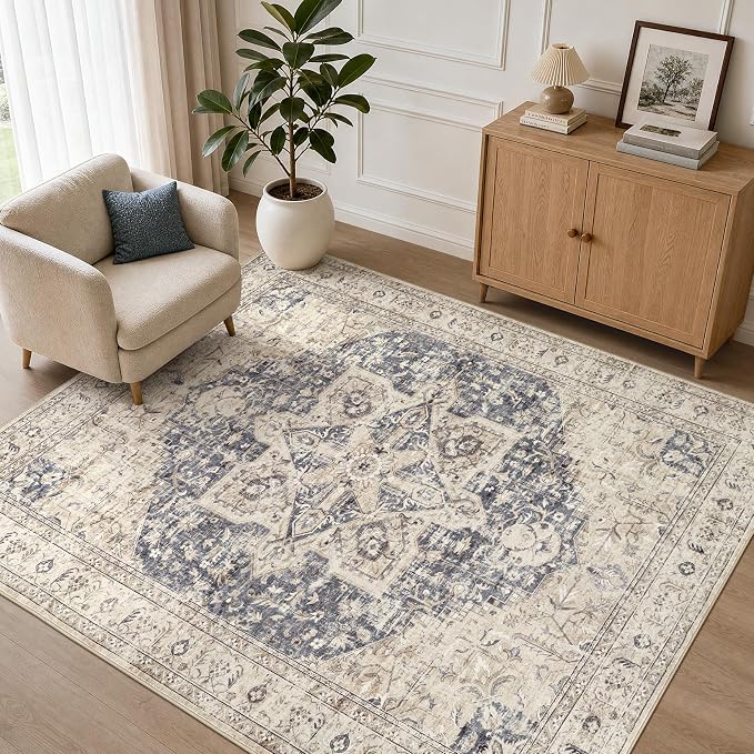 Tortania Area Rug Living Room Rugs - 5x7 Washable Boho Rug Vintage Oriental Distressed Farmhouse Large Thin Indoor Carpet for Living Room Bedroom Under Dining Table Home Office - Cream Blue